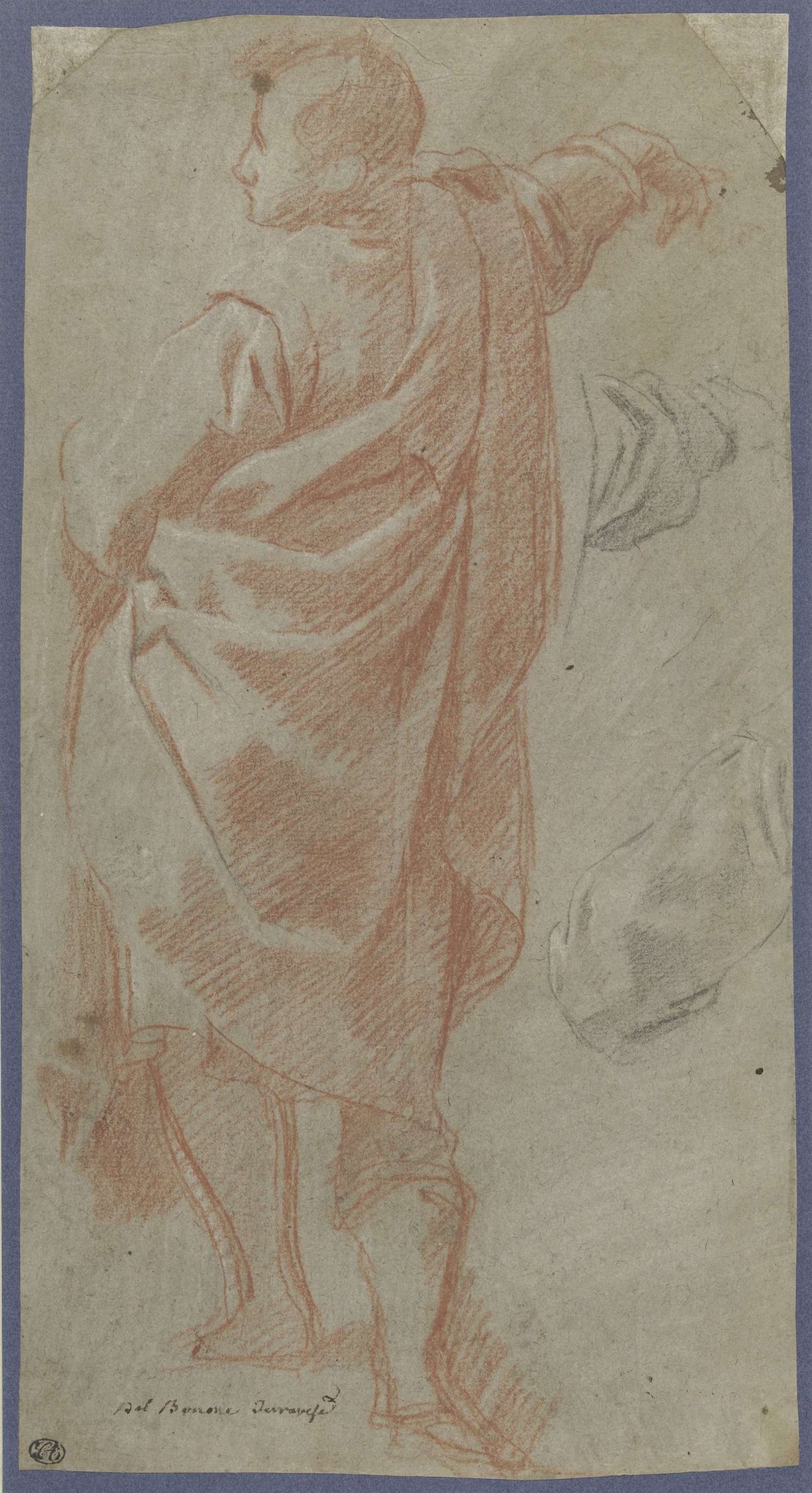 Study of a young man in a cloak and details, Carlo Bononi, 1605 - 1612