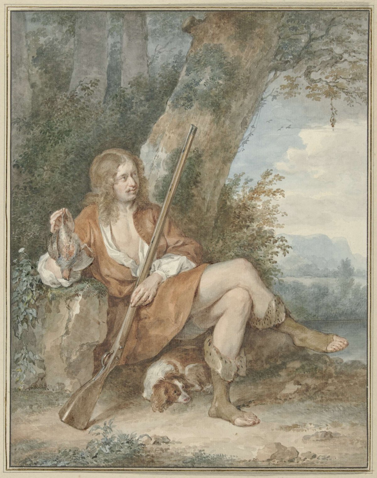 Resting hunter with musket and partridge, near a tree, Aert Schouman, 1775