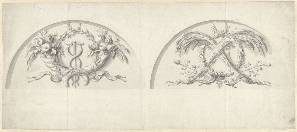 Two designs for lunettes, one with mercurial staff between cornucopiae, the other with ears, thyrsos and shepherd's staff, Bartholomeus Ziesenis, 1772 - 1820