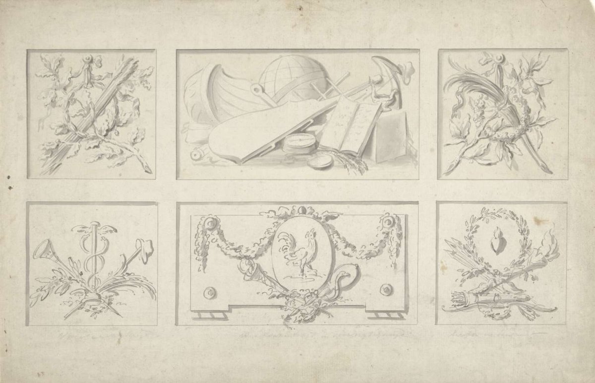 Six designs for panel fills with attributes of Endurance, Prudence, Fear, Love, Vigilance and Freedom, Bartholomeus Ziesenis, 1772 - 1820