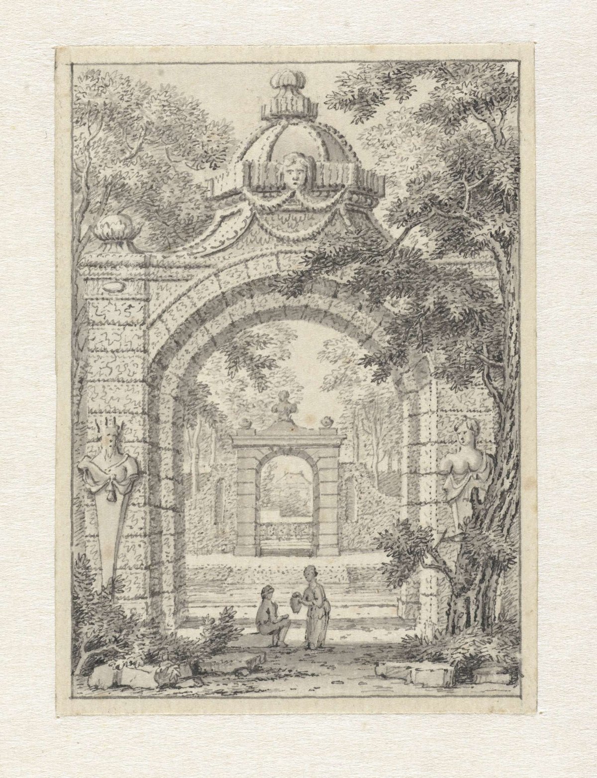 Small landscape with two garden gates behind each other, Johannes de Bosch, 1775