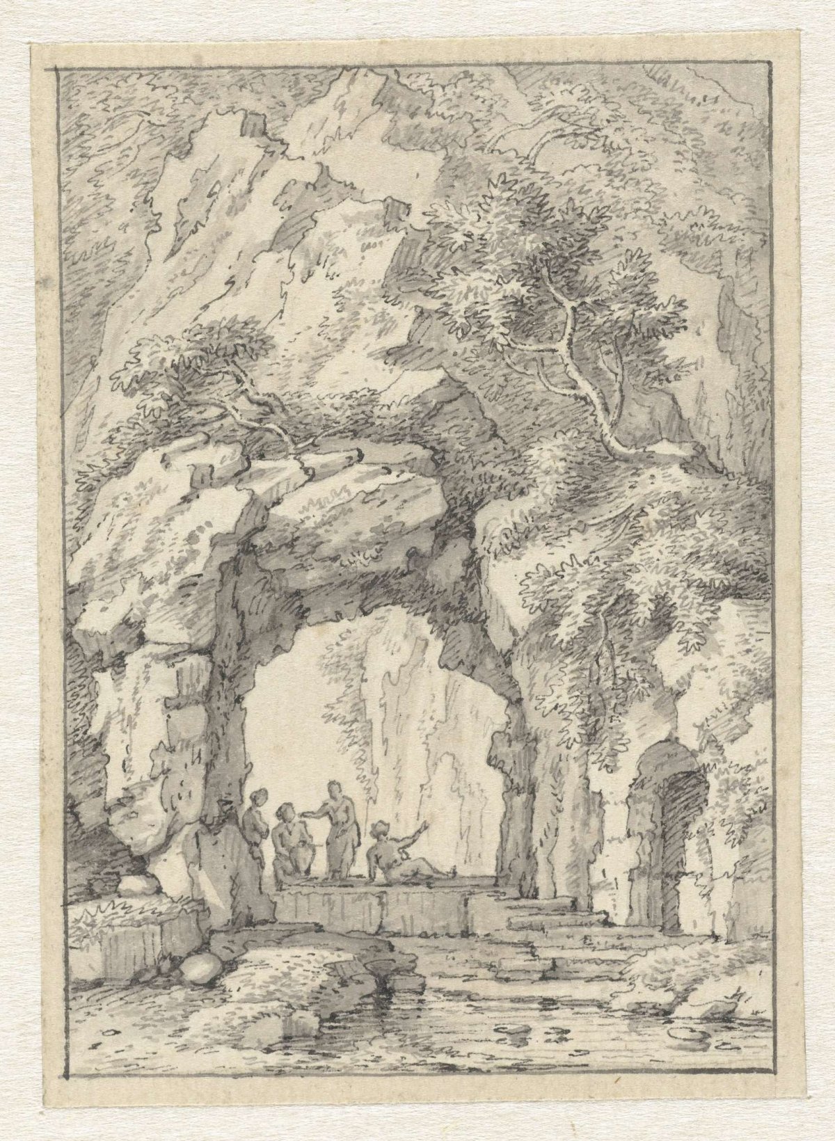 Small landscape with figures under a rock arch, Johannes de Bosch, 1775