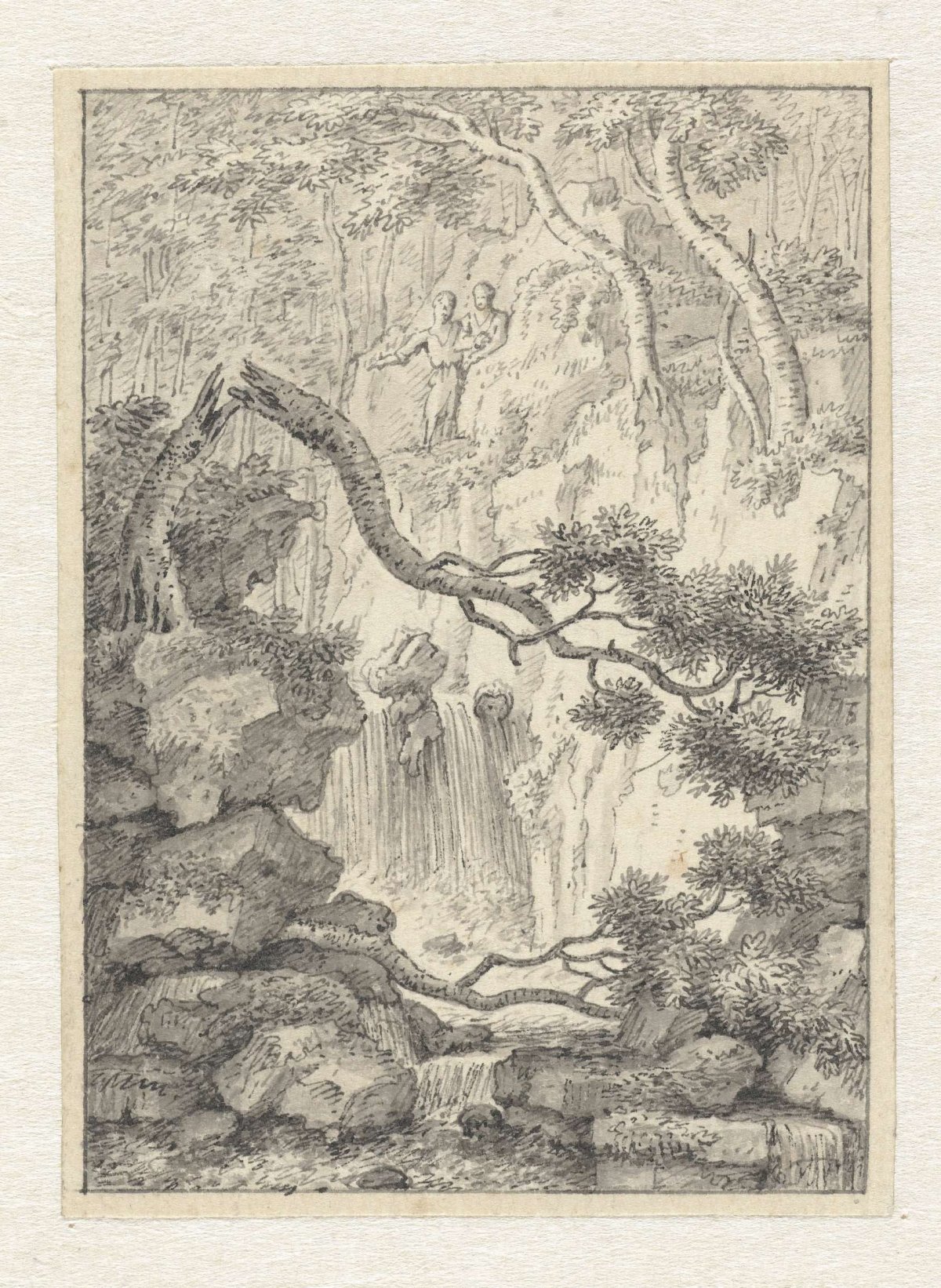 Small landscape with two men near a waterfall, Johannes de Bosch, 1775