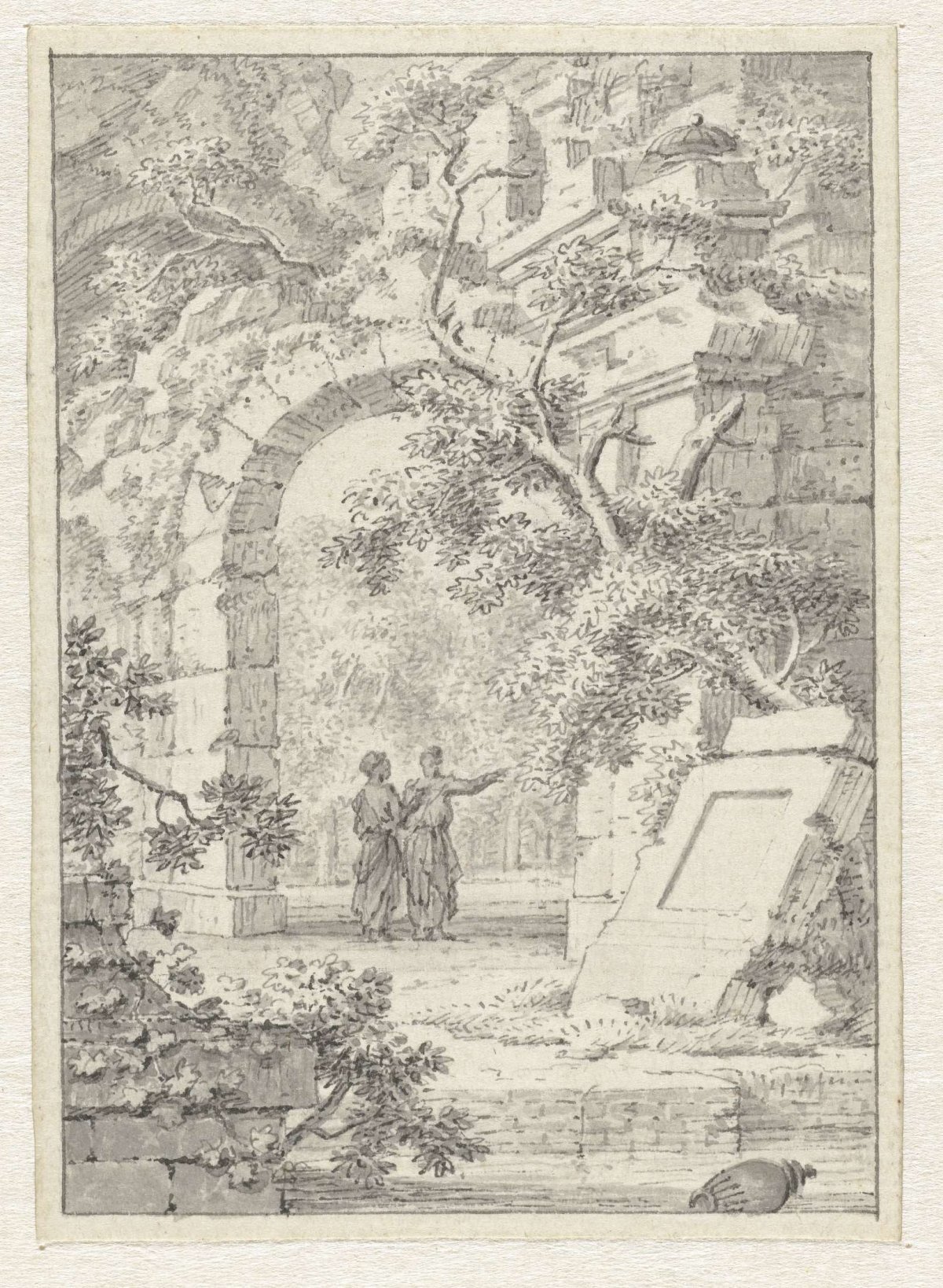 Two hikers at a gate ruin in a park, Johannes de Bosch, 1781