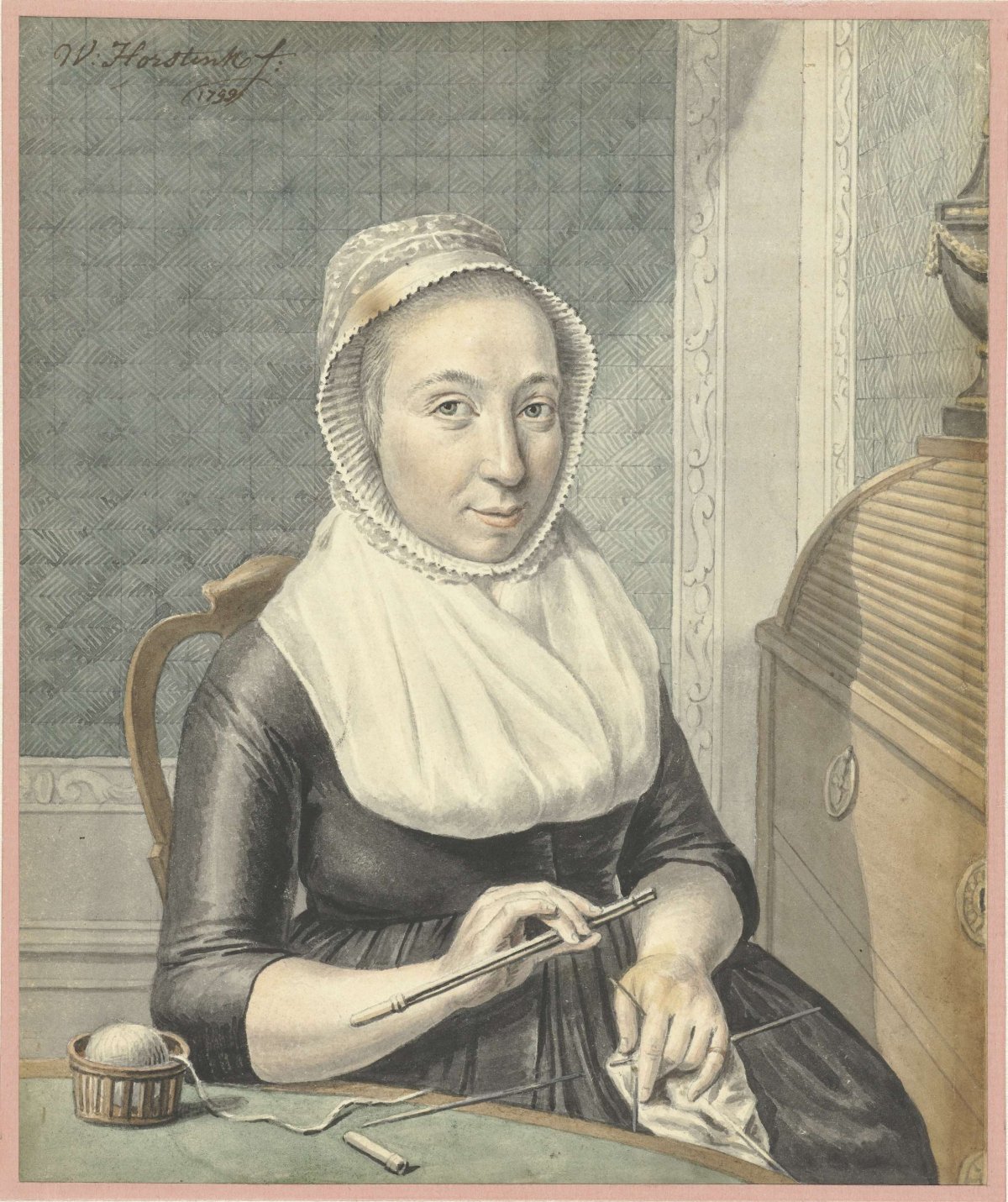 Portrait of a lady with knitting, Warner Horstink, 1799