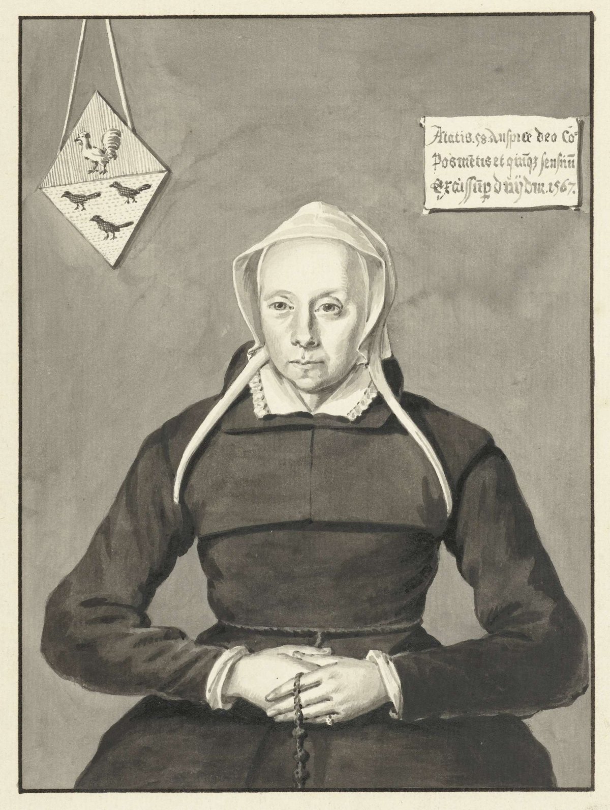 Portrait of a woman with rosary and family crest, Aert Schouman, 1751