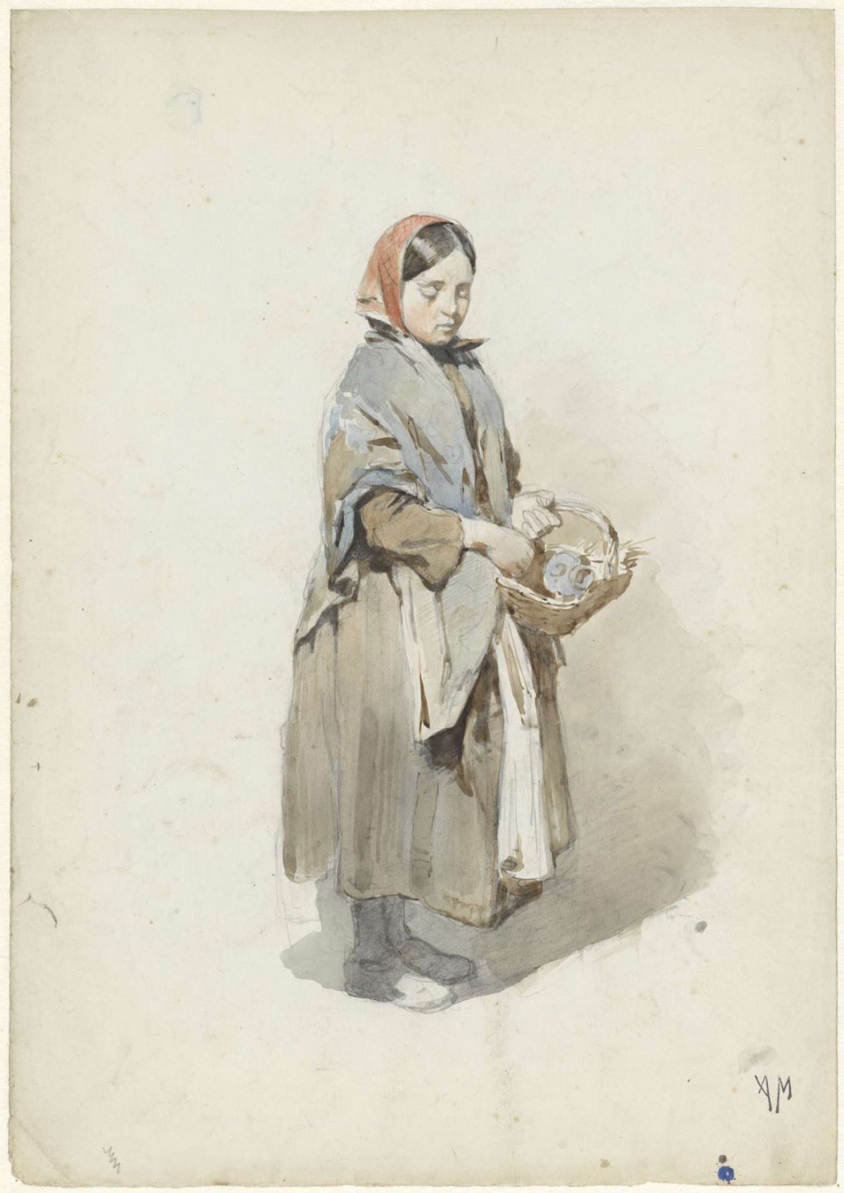 Standing woman with headscarf and basket, Anton Mauve, 1848 - 1888