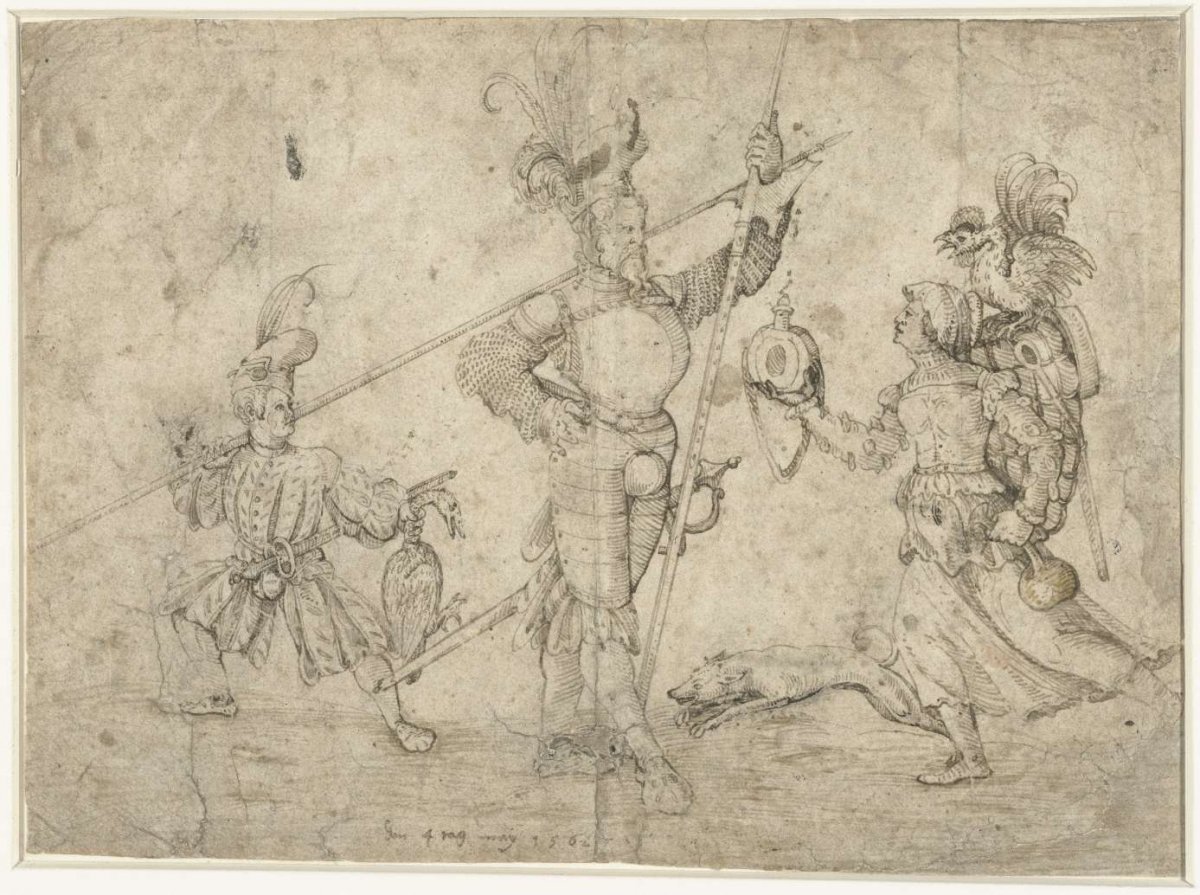 Allegorical representation with halberd, squire and woman, Monogrammist AM (tekenaar 16e eeuw), 1562