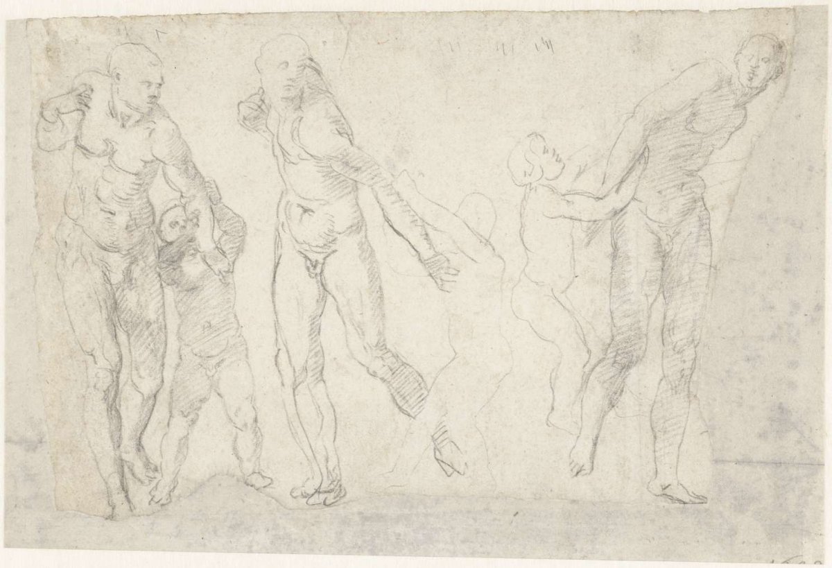 Three studies of a man being pulled by a child by the arm, Daniele da Volterra, 1519 - 1566