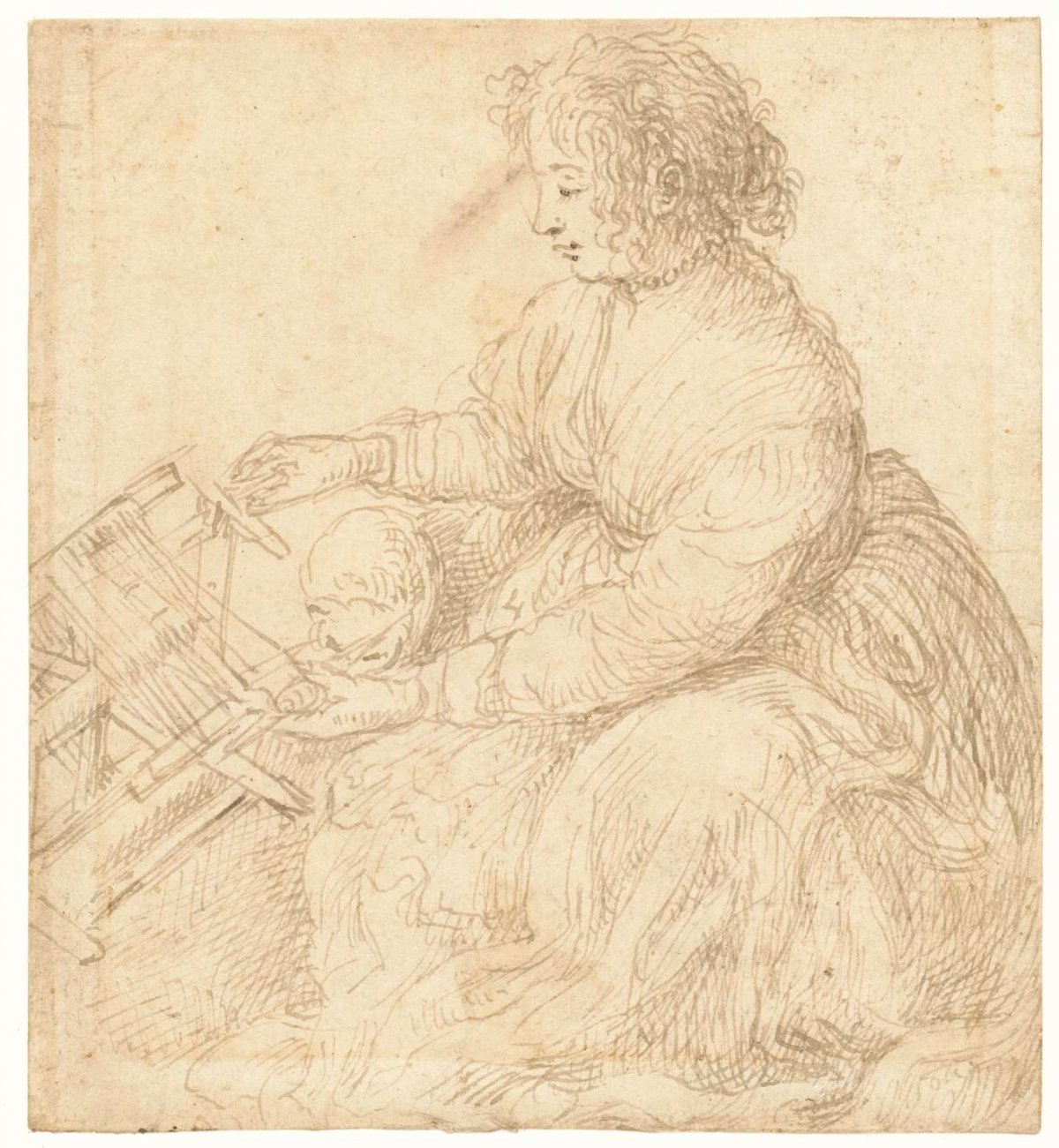 Seated woman with a reel, Dirck de Vries, 1590 - 1609