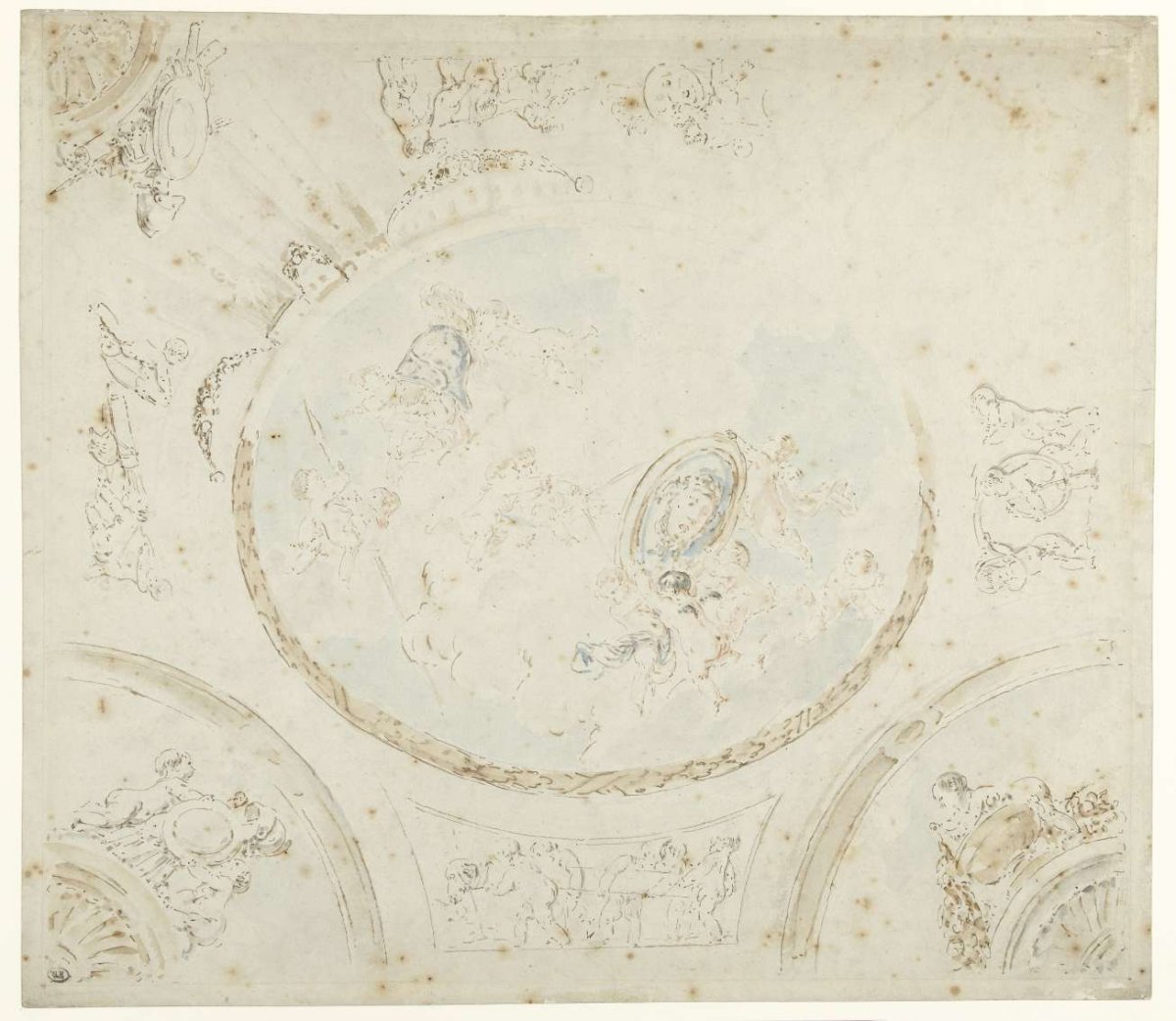 Design for a ceiling with putti with attributes of Minerva, anonymous, 1700 - 1800