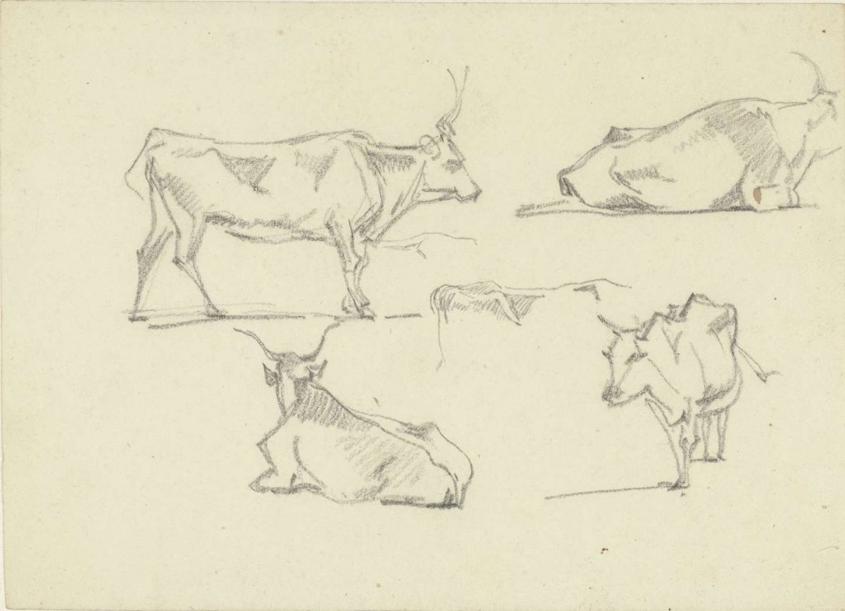 Sketch sheet with five cattle in different positions, Hendrik Voogd, 1788 - 1839