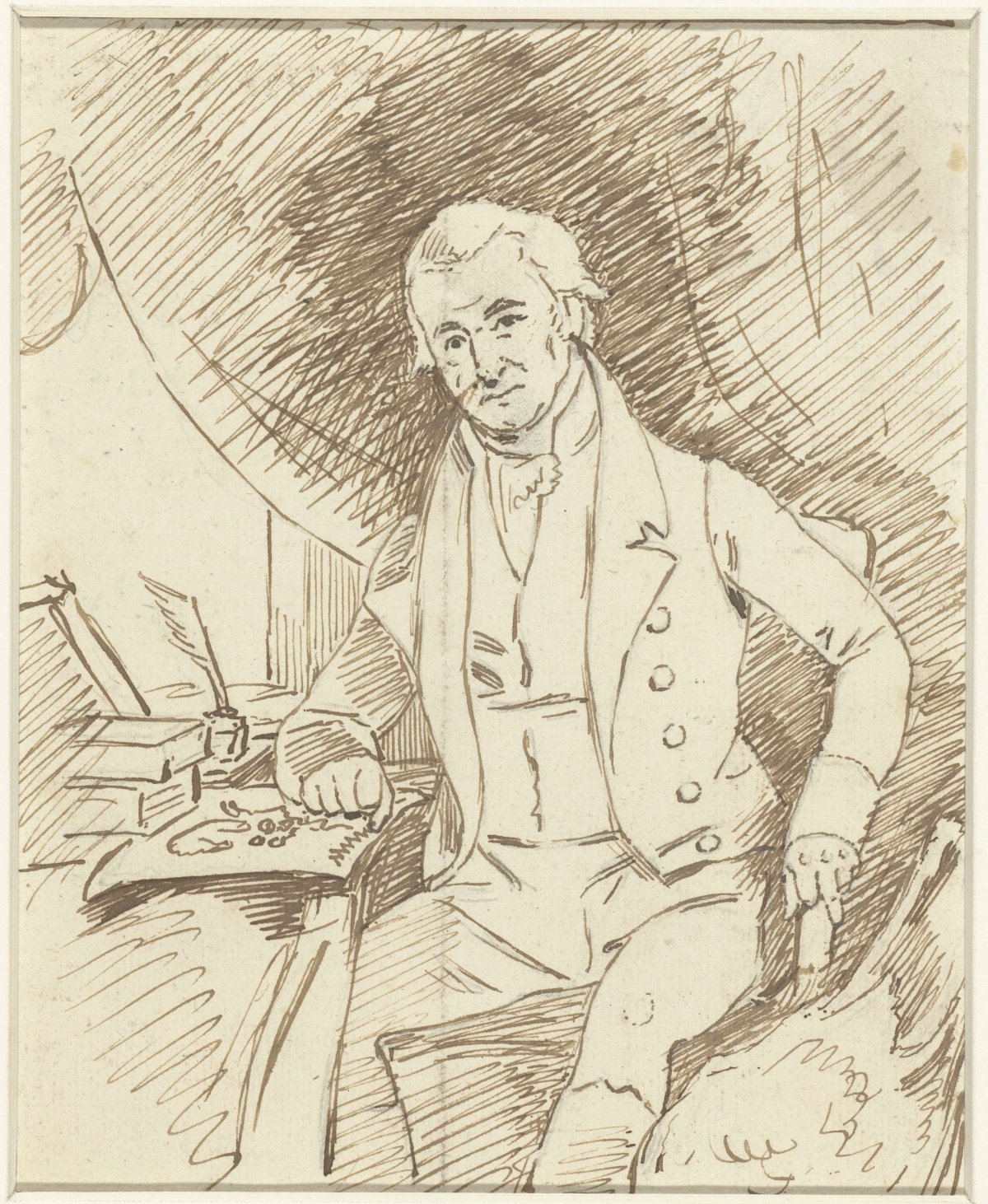 Portrait of physicist Martinus van Marum seated at a writing desk, anonymous, c. 1812 - c. 1813