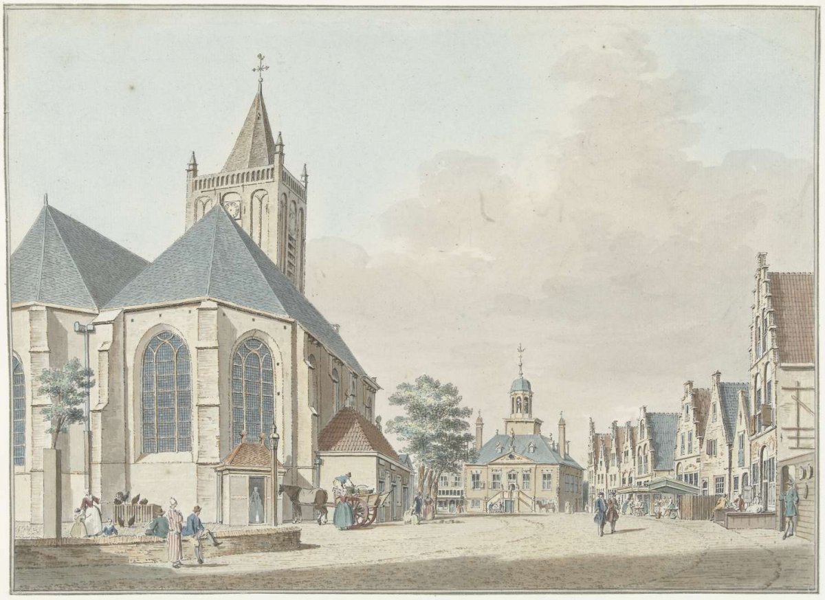 The market at Vlaardingen with the church and town hall, Pieter Jan van Liender, 1737 - 1779