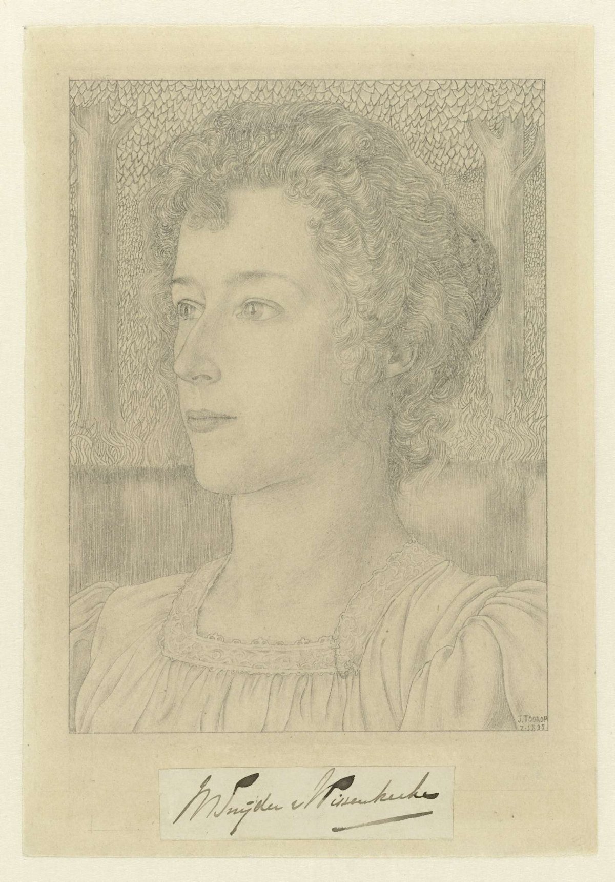 Portrait of Ms. M. Snijder of Wissenkerke with a meadow with trees in the background, Jan Toorop, 1895