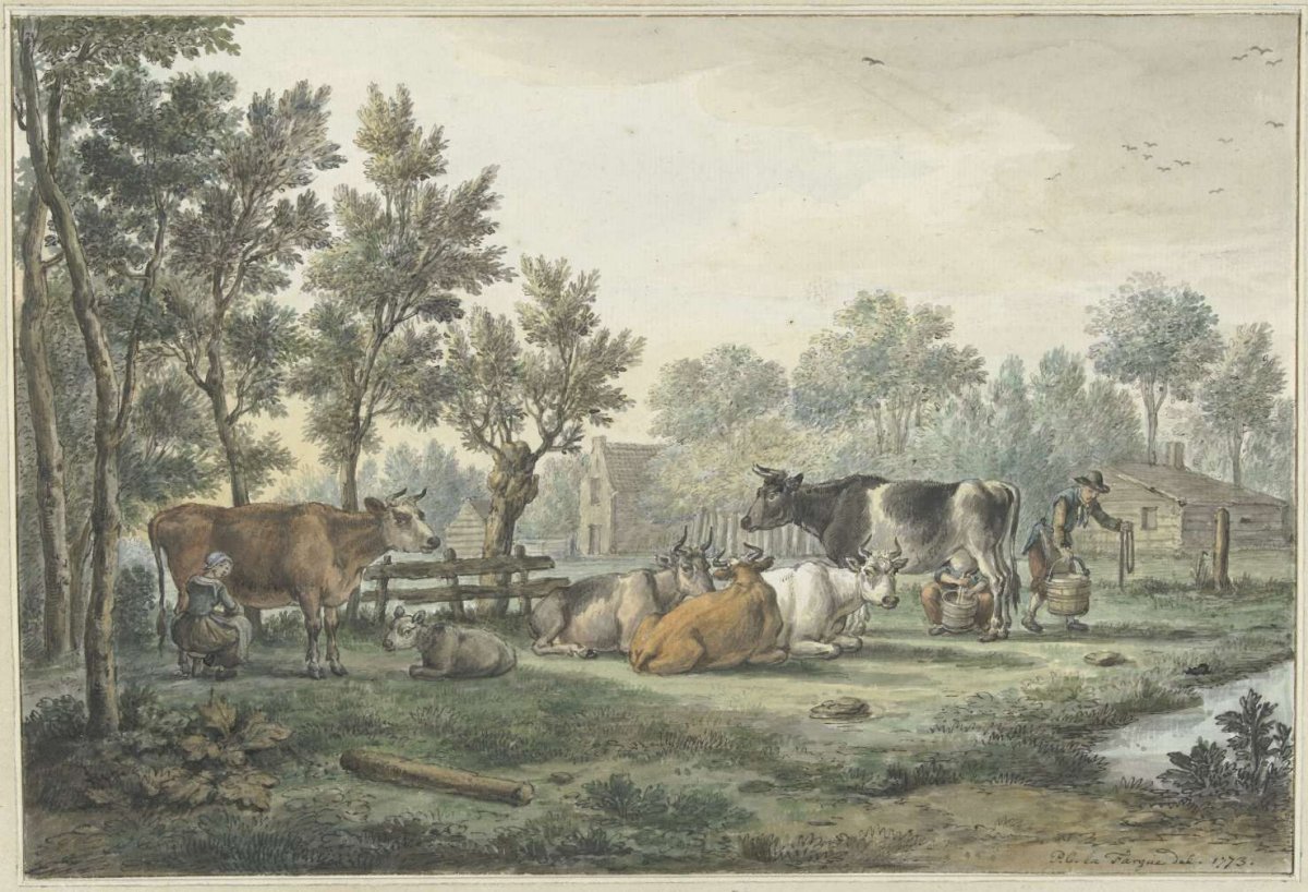 Pasture with cows being milked, Paulus Constantijn la Fargue, 1773