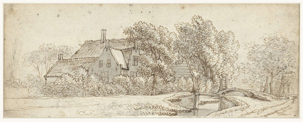 Farmhouse, connected to a road by bridges, anonymous, 1700 - 1800