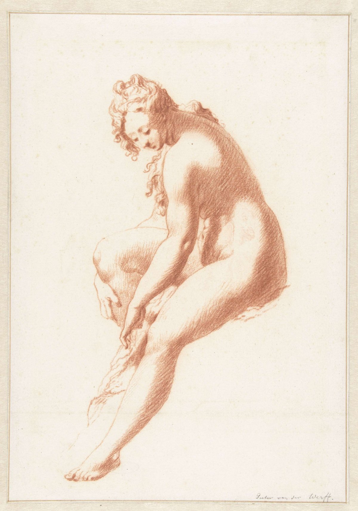 Sitting female nude, drying one foot, Pieter van der Werff, 1675 - 1722