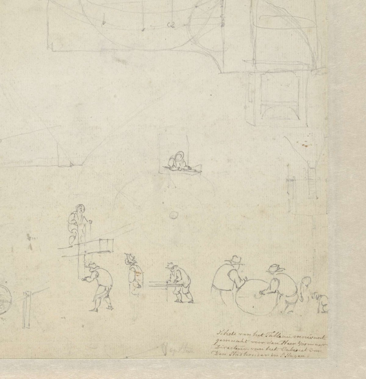 Sketches of workmen in a carpenter's workshop, anonymous, c. 1770