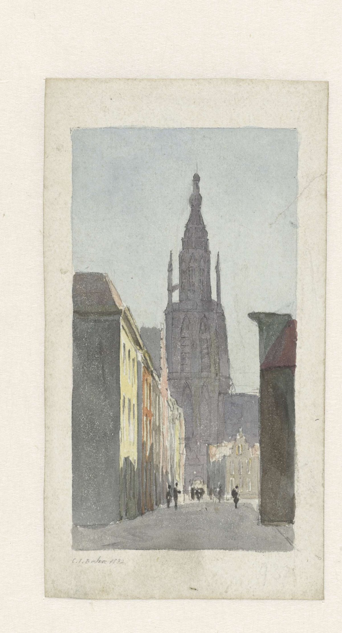 Street view with vista of the Grote Kerk in Breda, Carel Jacobus Behr, 1832