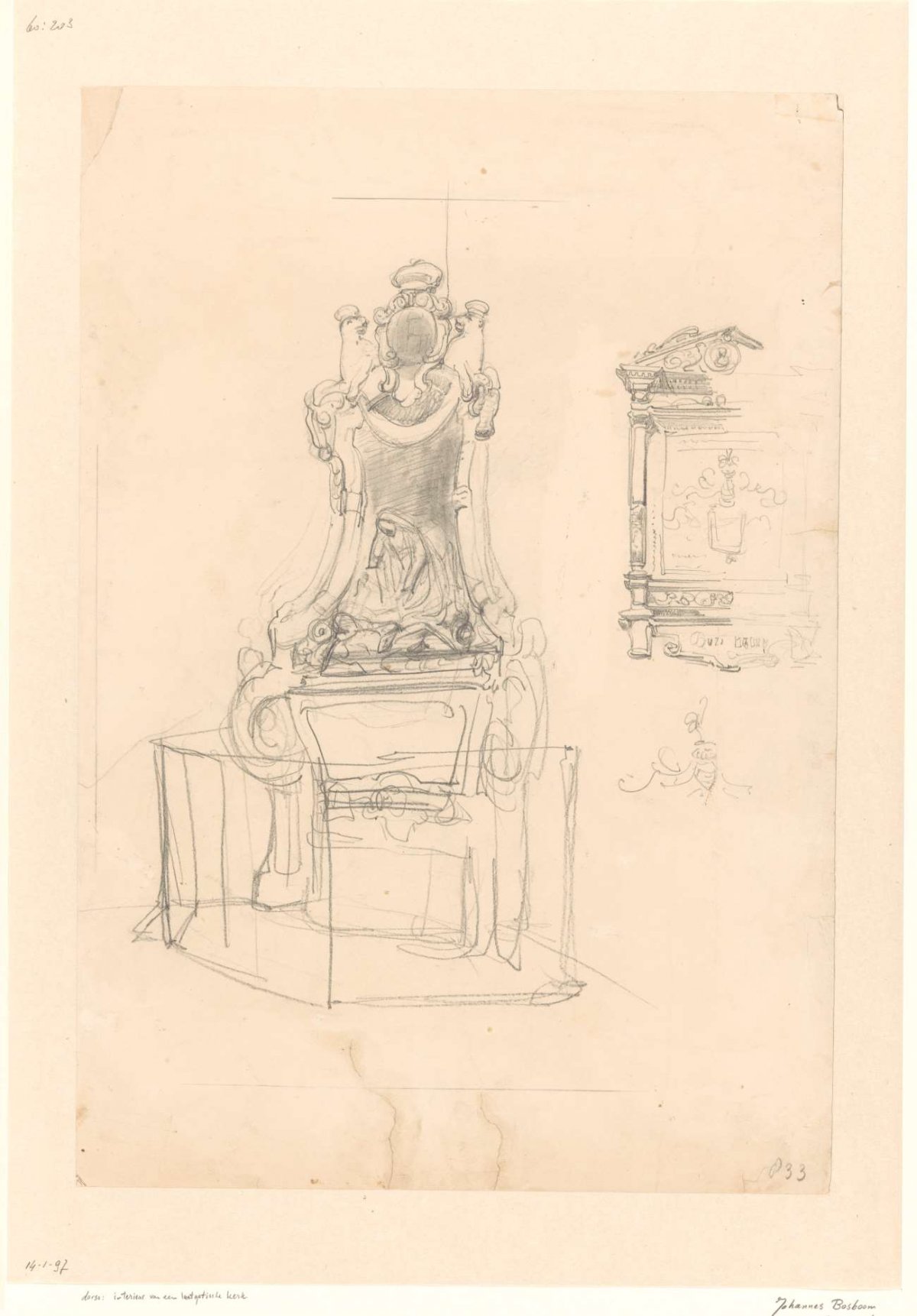 Sketch sheet with studies of a grave monument and an epitaph, Johannes Bosboom, 1827 - 1891