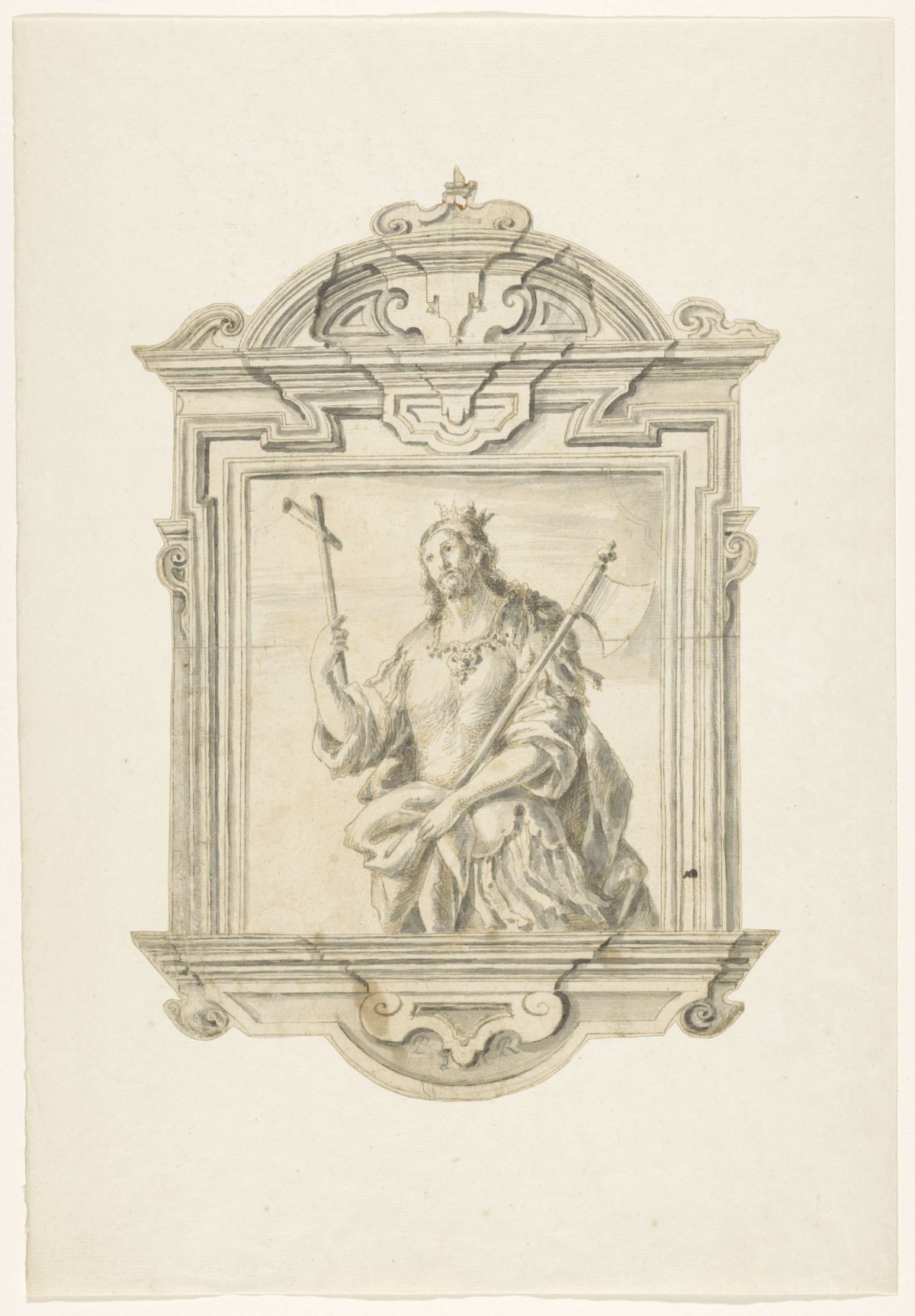 Baroque frame depicting a martyr in knee length, holding a cross and axe, anonymous, 1600 - 1699