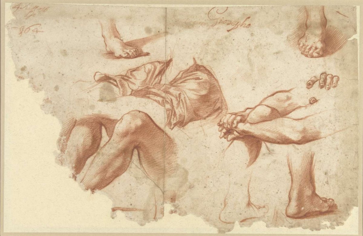 Fragment of study sheet with arms, legs, feet, anonymous, 1500 - 1599