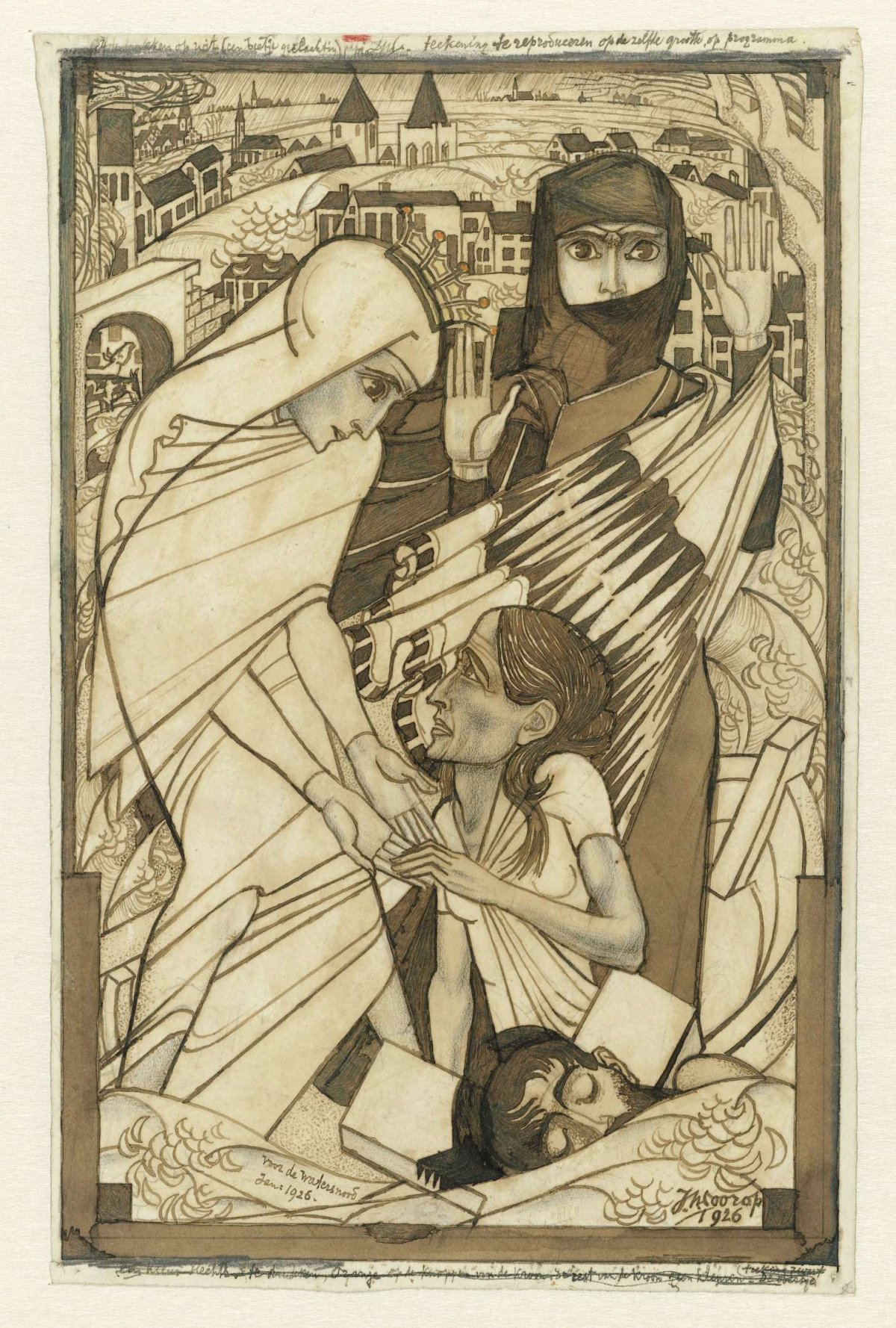 Relief efforts during the 1926 flood, symbolically represented, Jan Toorop, 1926