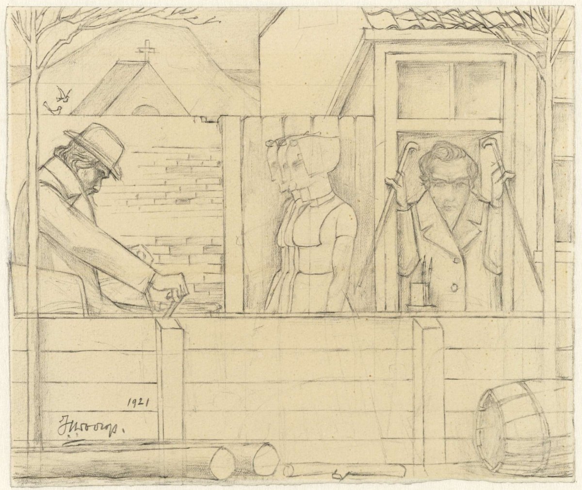 Jan Toorop in invalid carriage sees his past in three Zeeland girls and himself in a window, Jan Toorop, 1921