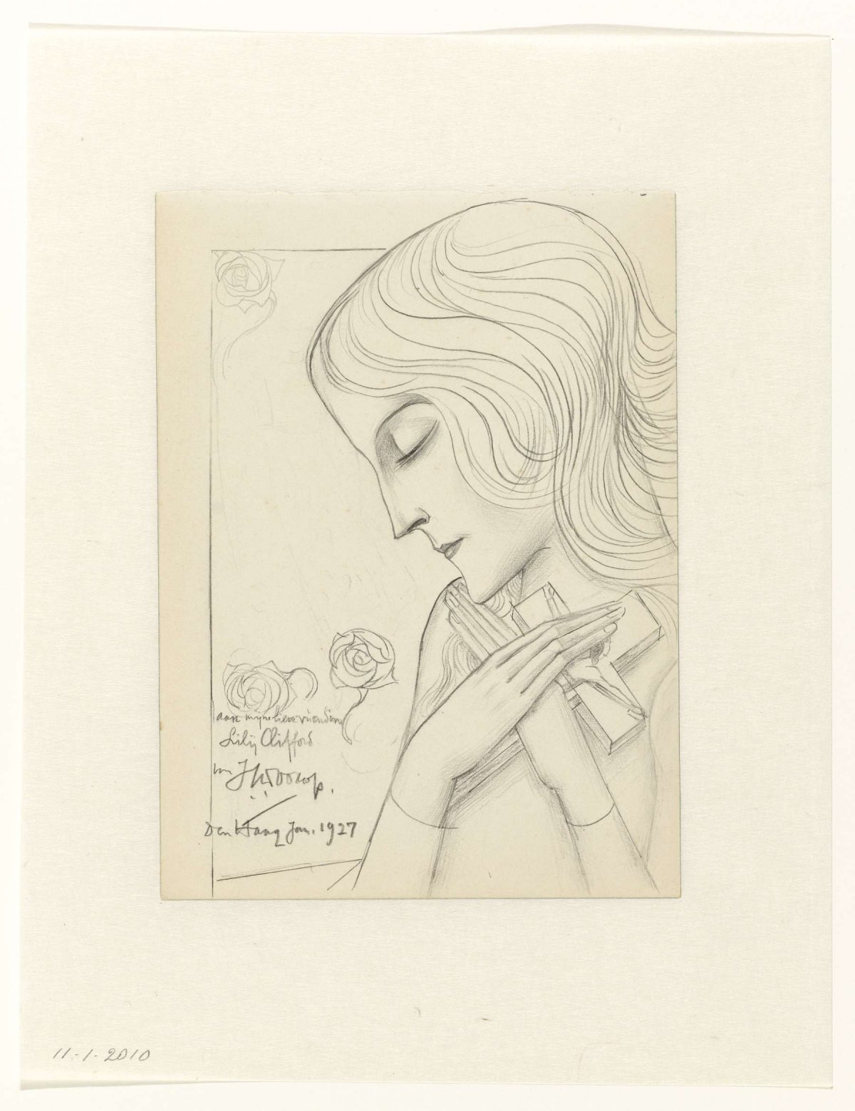 Young girl in meditation encompassing a cross, Jan Toorop, 1927