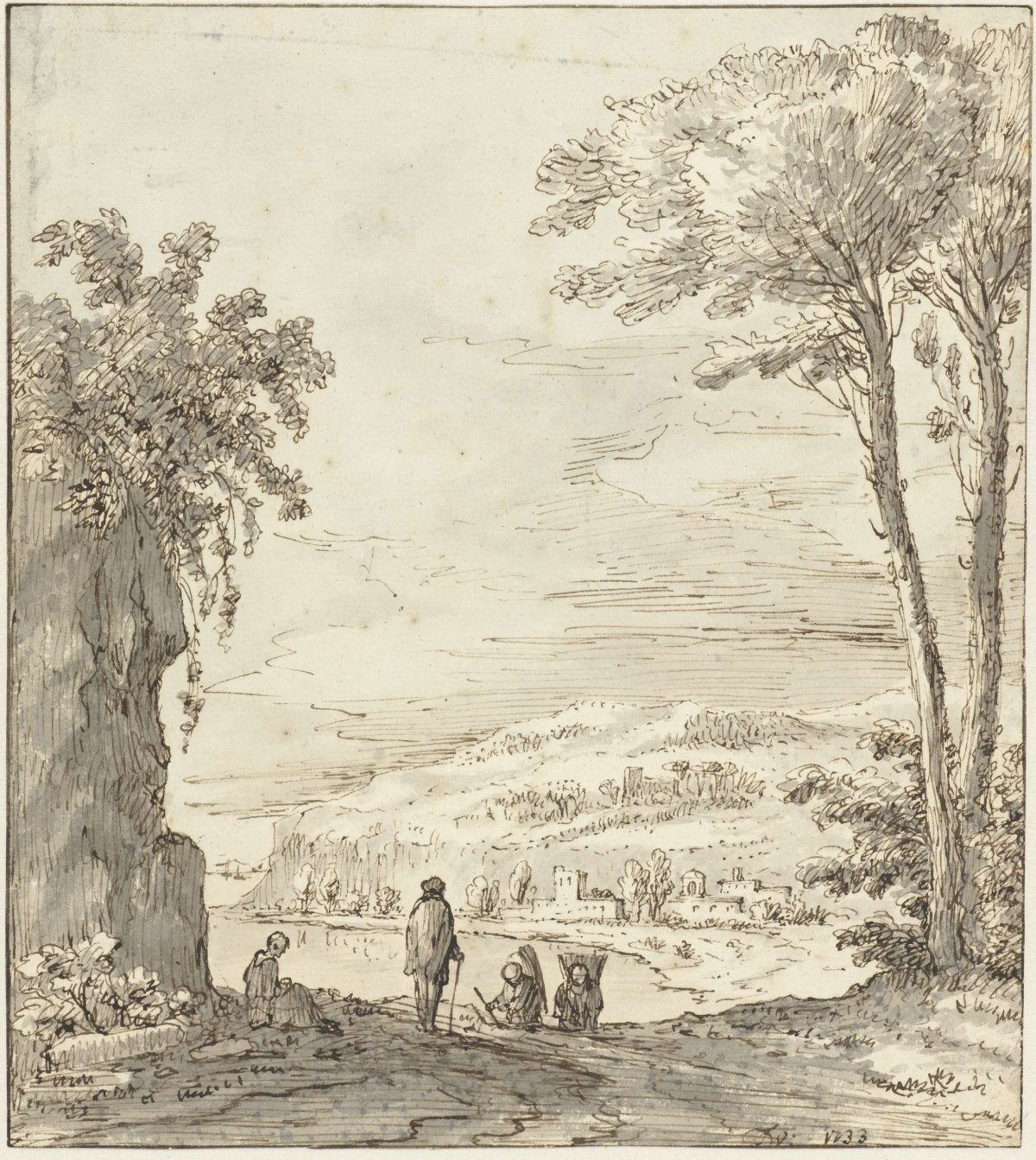 Italian river landscape with hikers by a rock, Theodoor Wilkens, 1733