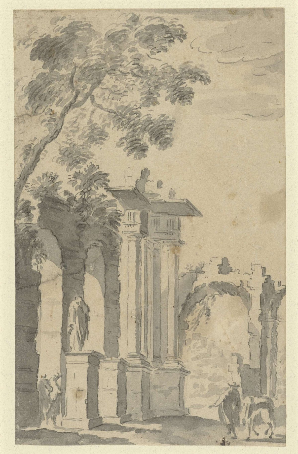Ruins and a statue, anonymous, 1700 - 1800