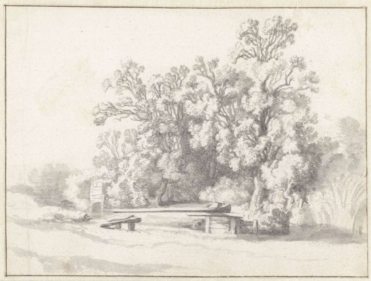 Forest edge with a swing bridge over a ditch, Jacob van Mosscher, 1635 - 1655