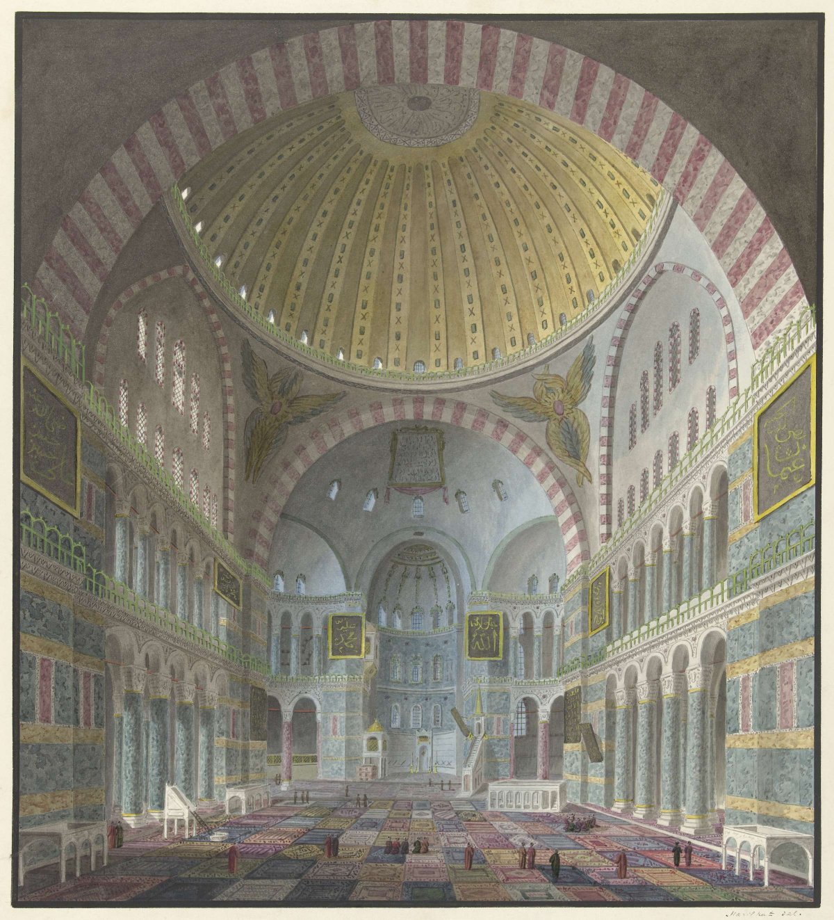 Interior of the Aya Sophia with kneeling and standing Turks, George Antoine Prosper Marilhat, 1821 - 1847