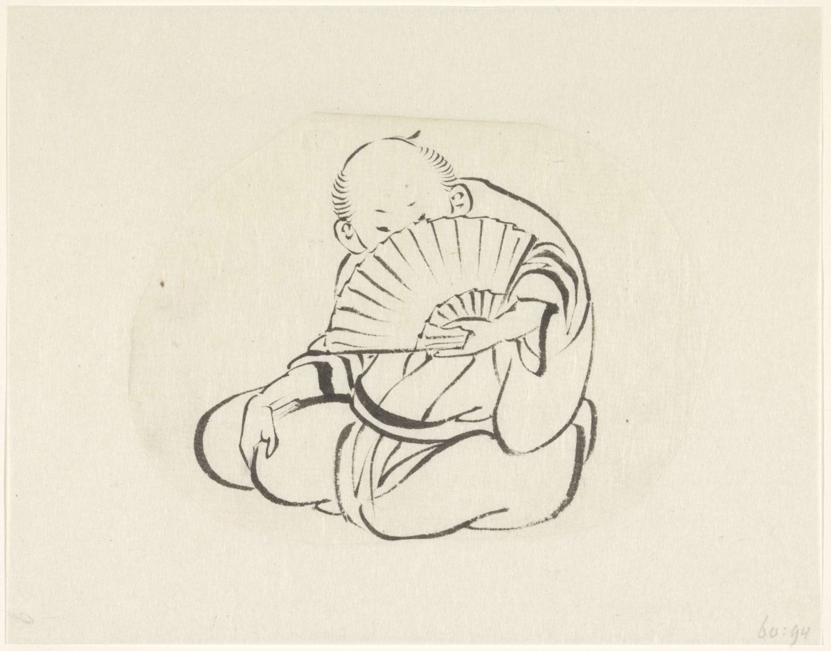 Seated man, holding a fan in front of face, Totoya Hokkei, 1791 - 1850