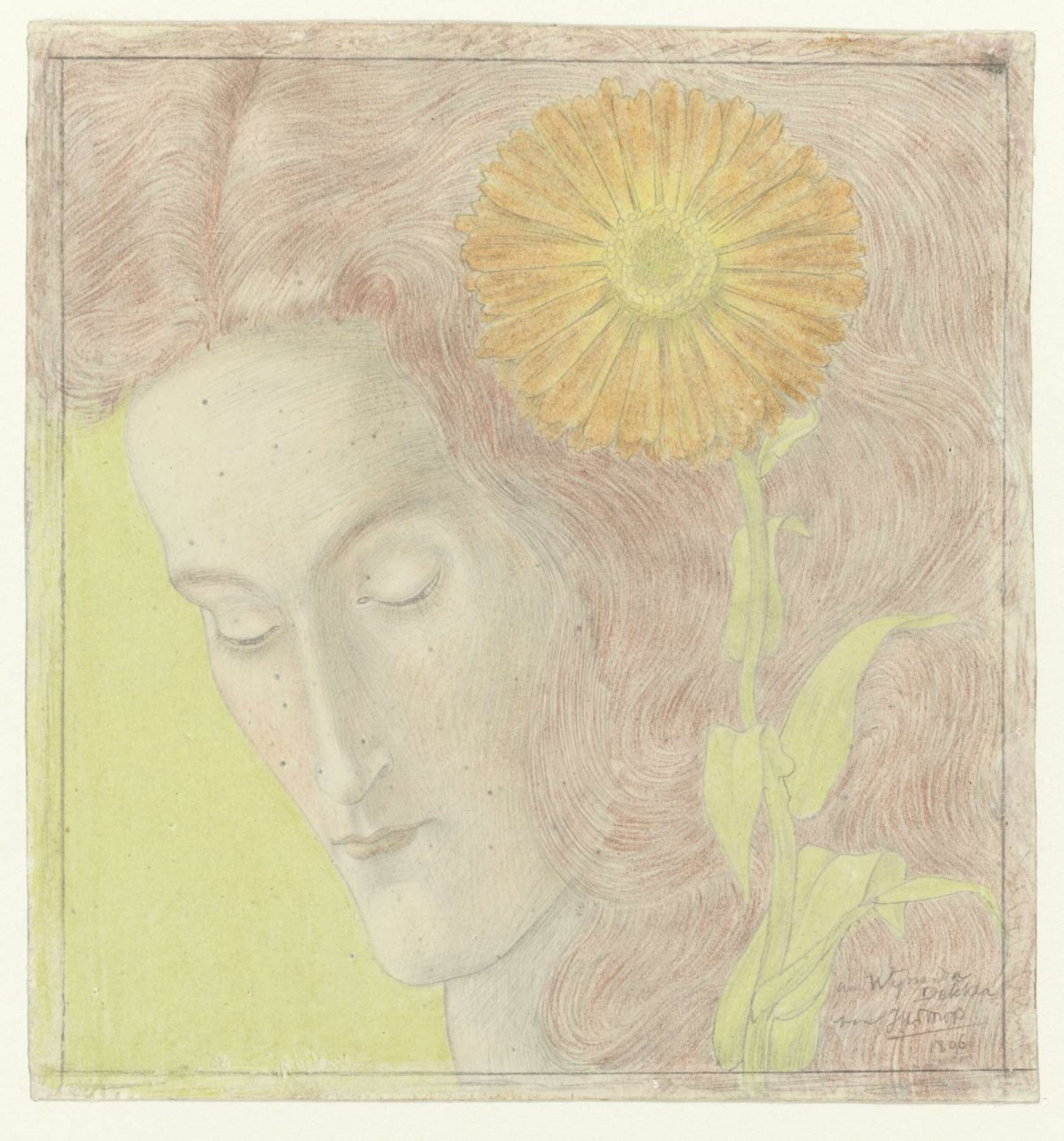 Female head with reddish hair and Chrysanthemum, Jan Toorop, 1896