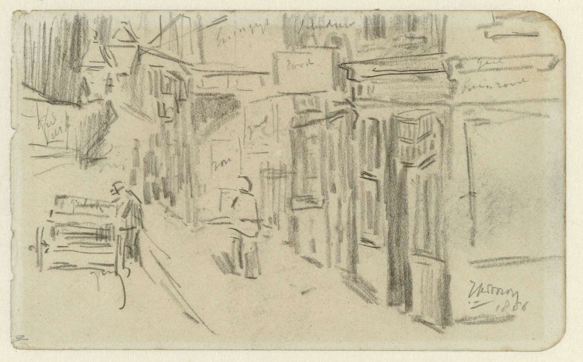 View of a winding shopping street with a man with a cart, Jan Toorop, 1886