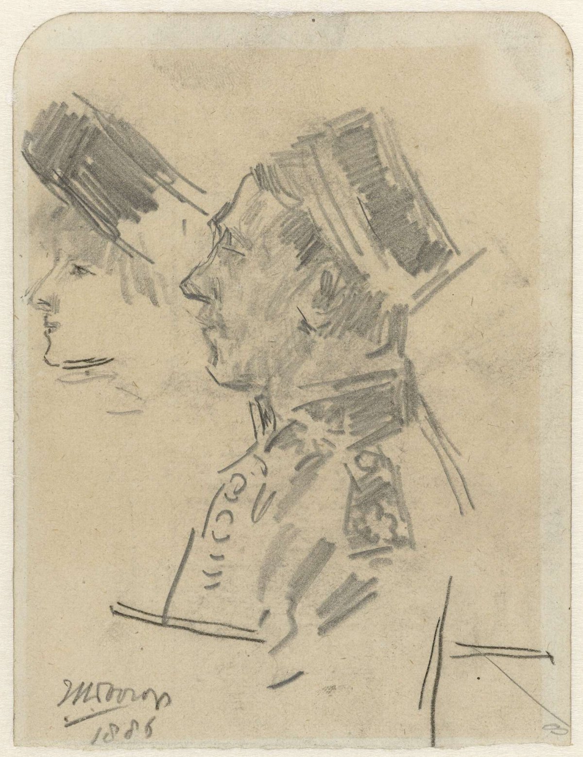 Officer of the Royal Dutch East Indies Army and the profile of a woman wearing a hat, Jan Toorop, 1886