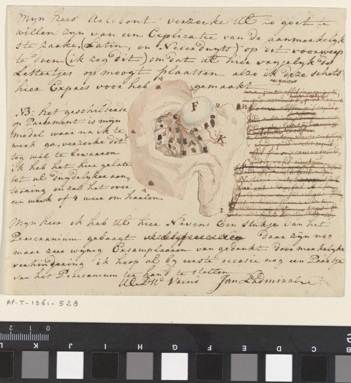 Letter with a small anatomical sketch of the human hip joint and pelvis, Jan l'Admiral, 1733 - 1738