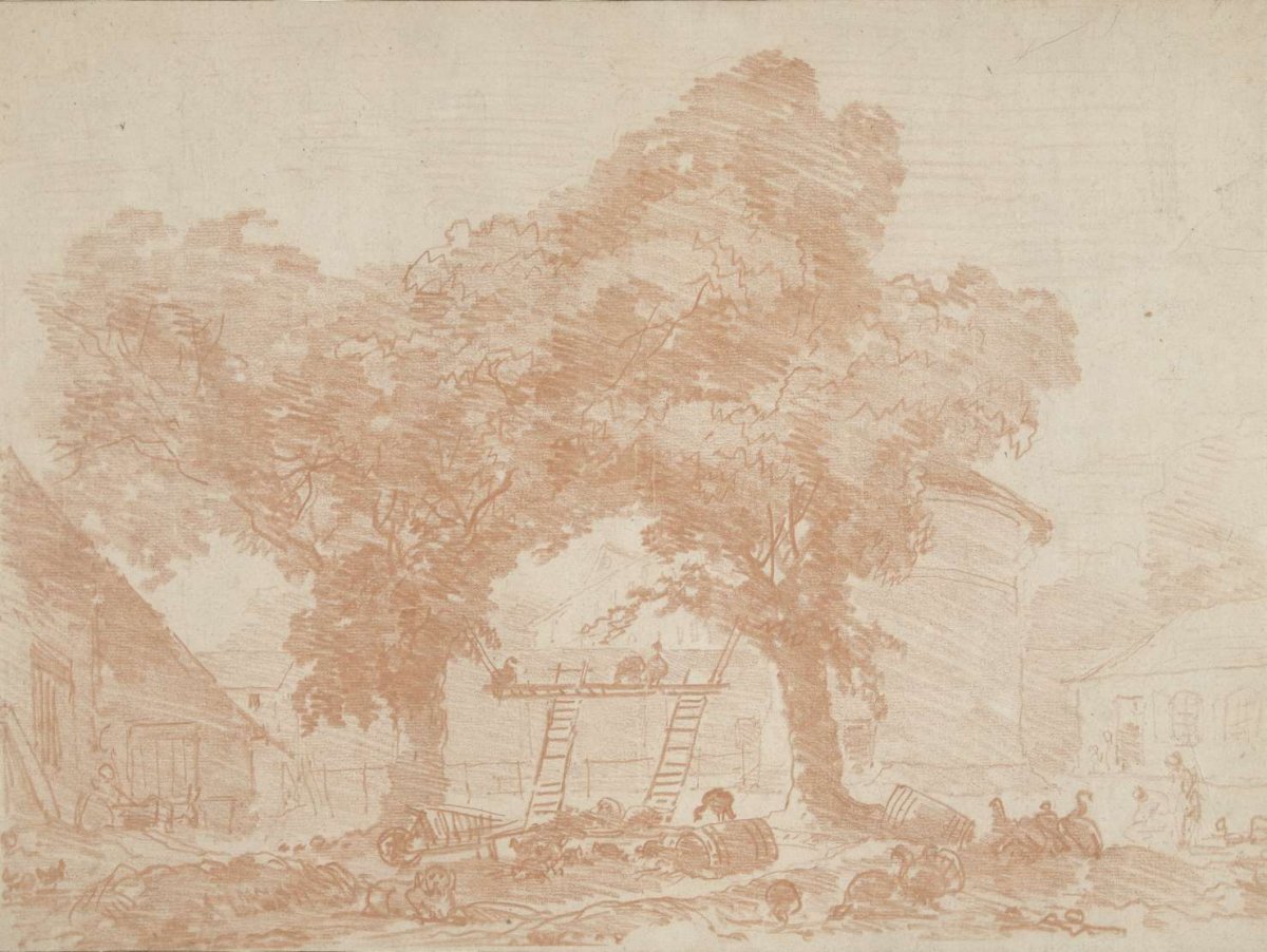 Farmyard with two trees, between which are ladders, Jean Honoré Fragonard, 1742 - 1806