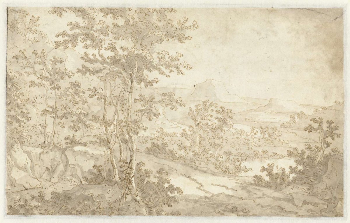 Mountain landscape with a road along a lake, Jan Both, c. 1628 - c. 1652