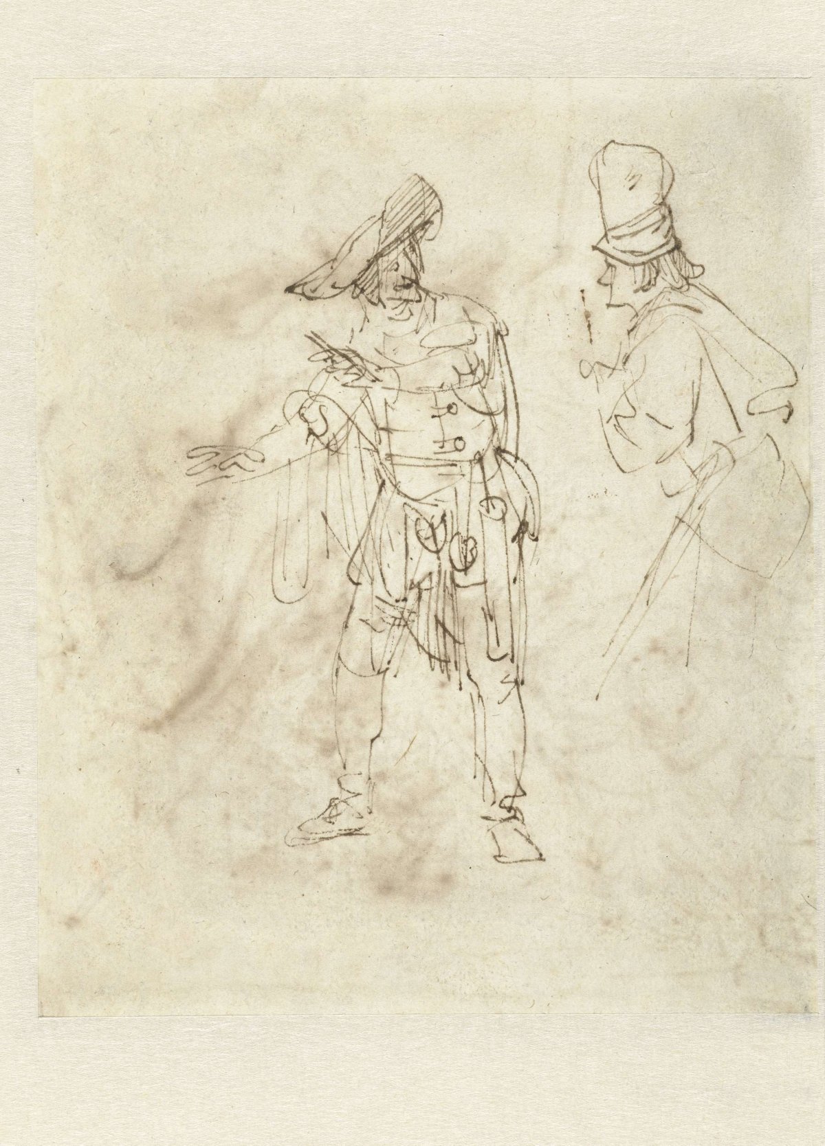 Actor in the Role of Pantalone Engaged in Conservation, Rembrandt van Rijn, c. 1634 - c. 1636