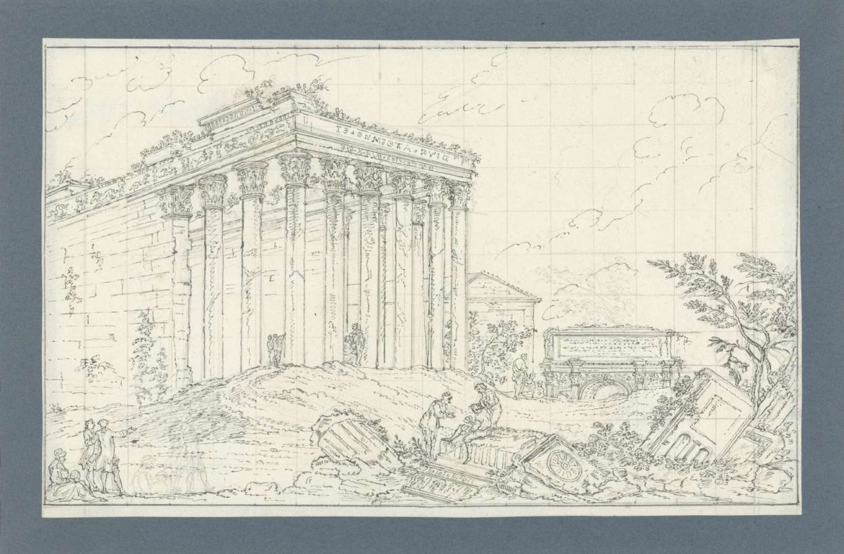 Roman temples and ruins with visitors, anonymous, 1700 - 1800