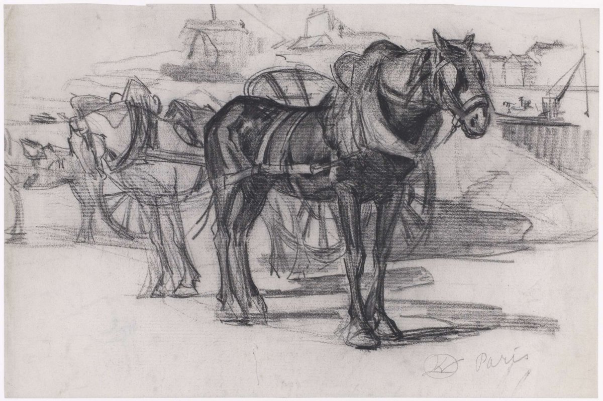 Study of horses in front of a sand cart in Paris, Gerrit Willem Dijsselhof, 1876 - 1924