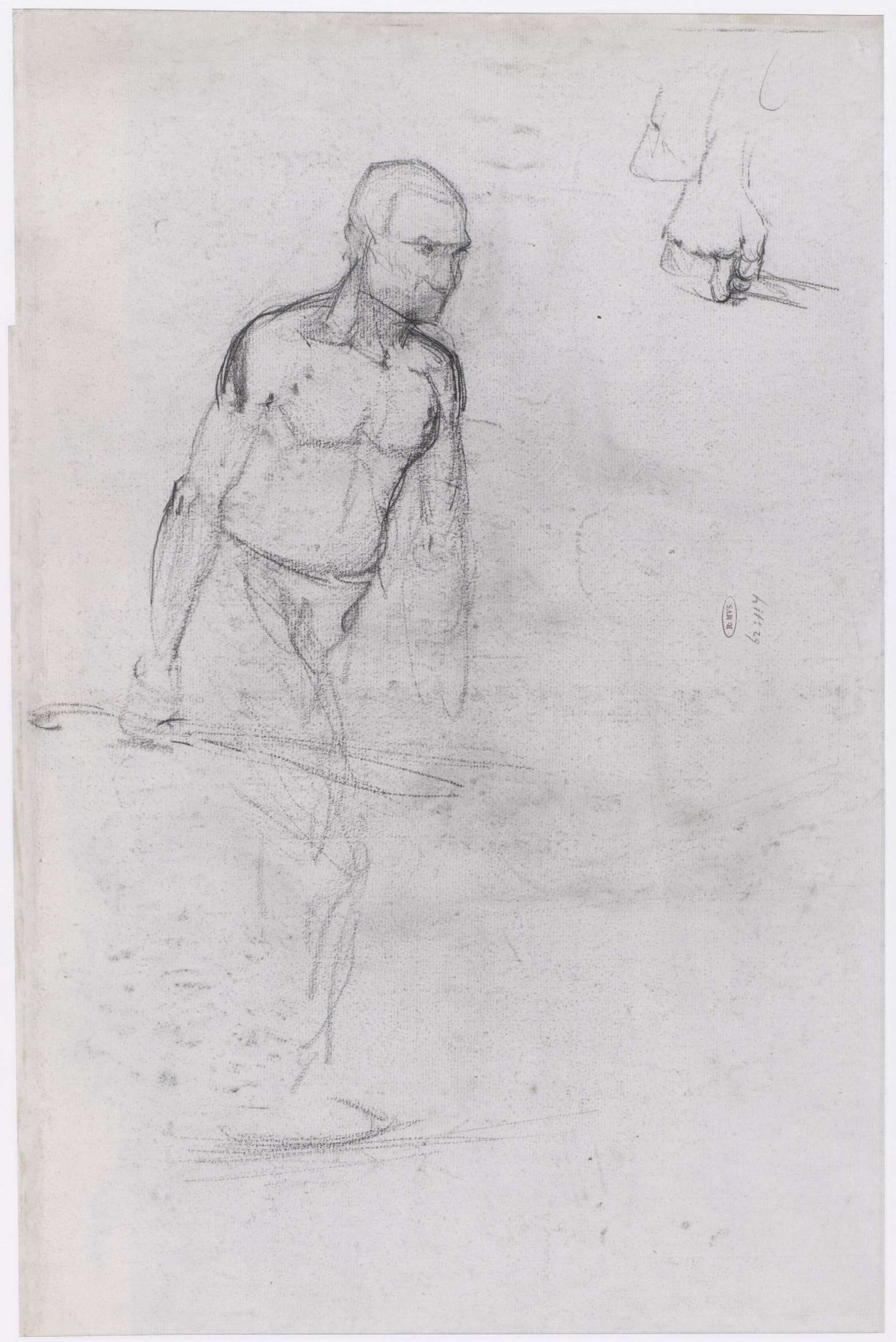 Figure study of a male nude holding a cane, Gerrit Willem Dijsselhof, 1876 - 1924