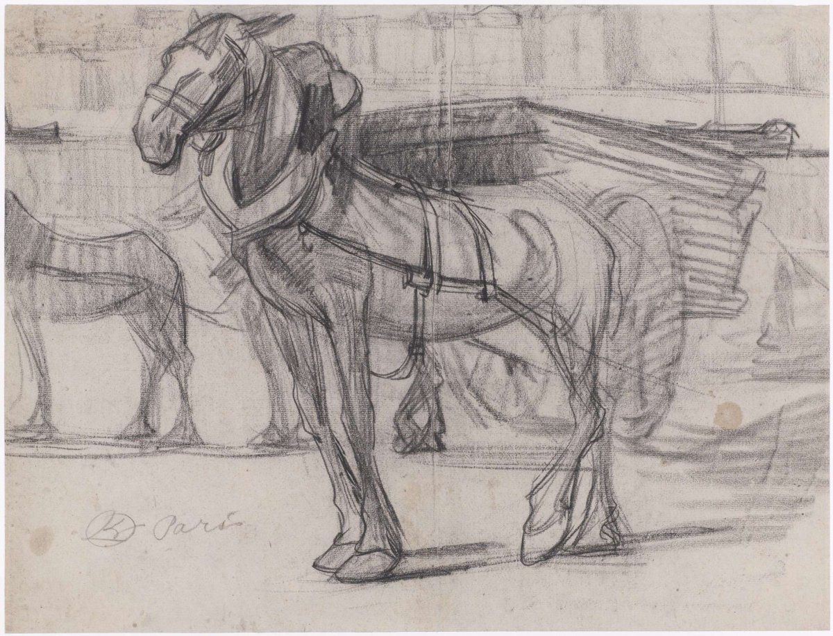 Study of two horses in front of a cart in Paris, Gerrit Willem Dijsselhof, 1876 - 1924
