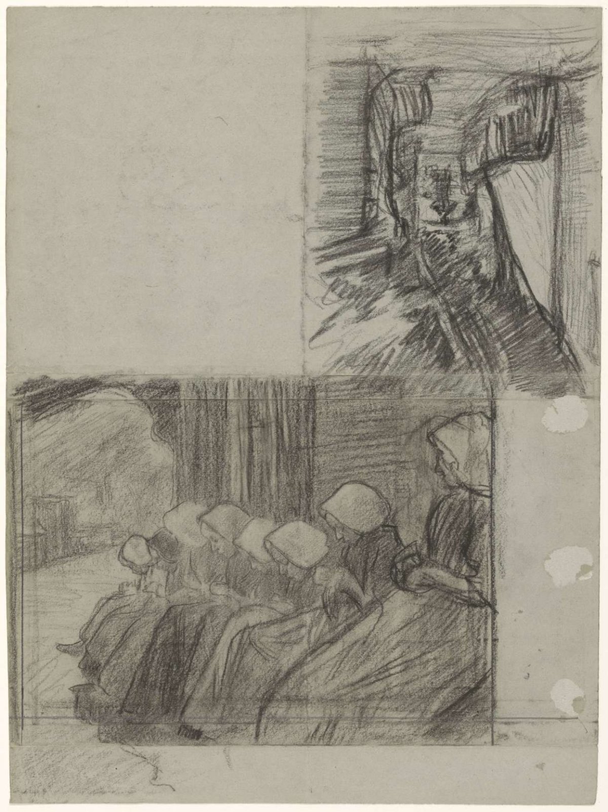 Handcrafted girls in a row and sketch of a roadway, Jan Veth, 1874 - 1925