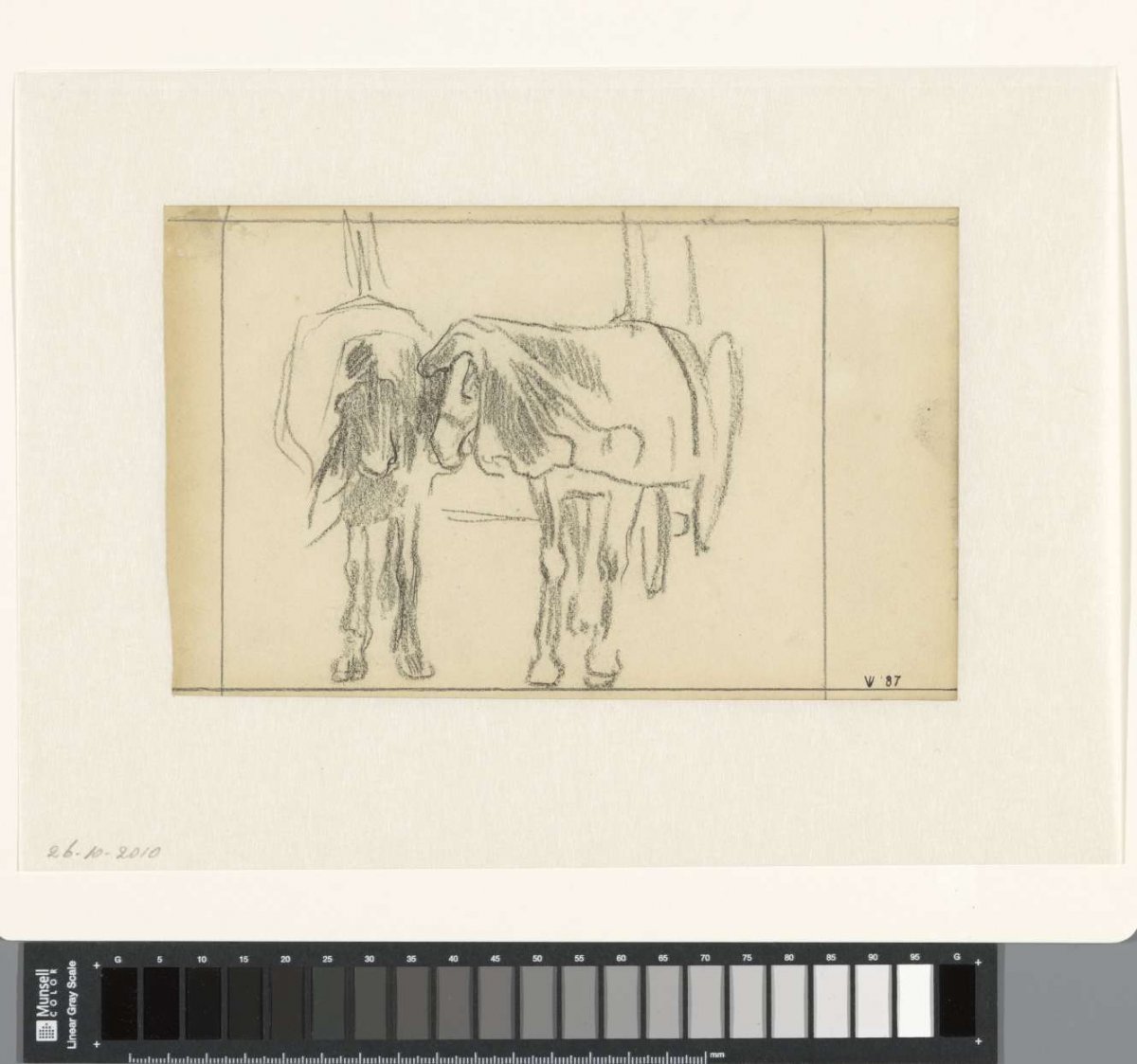 Two draft horses resting in front of a wagon, Jan Veth, 1887