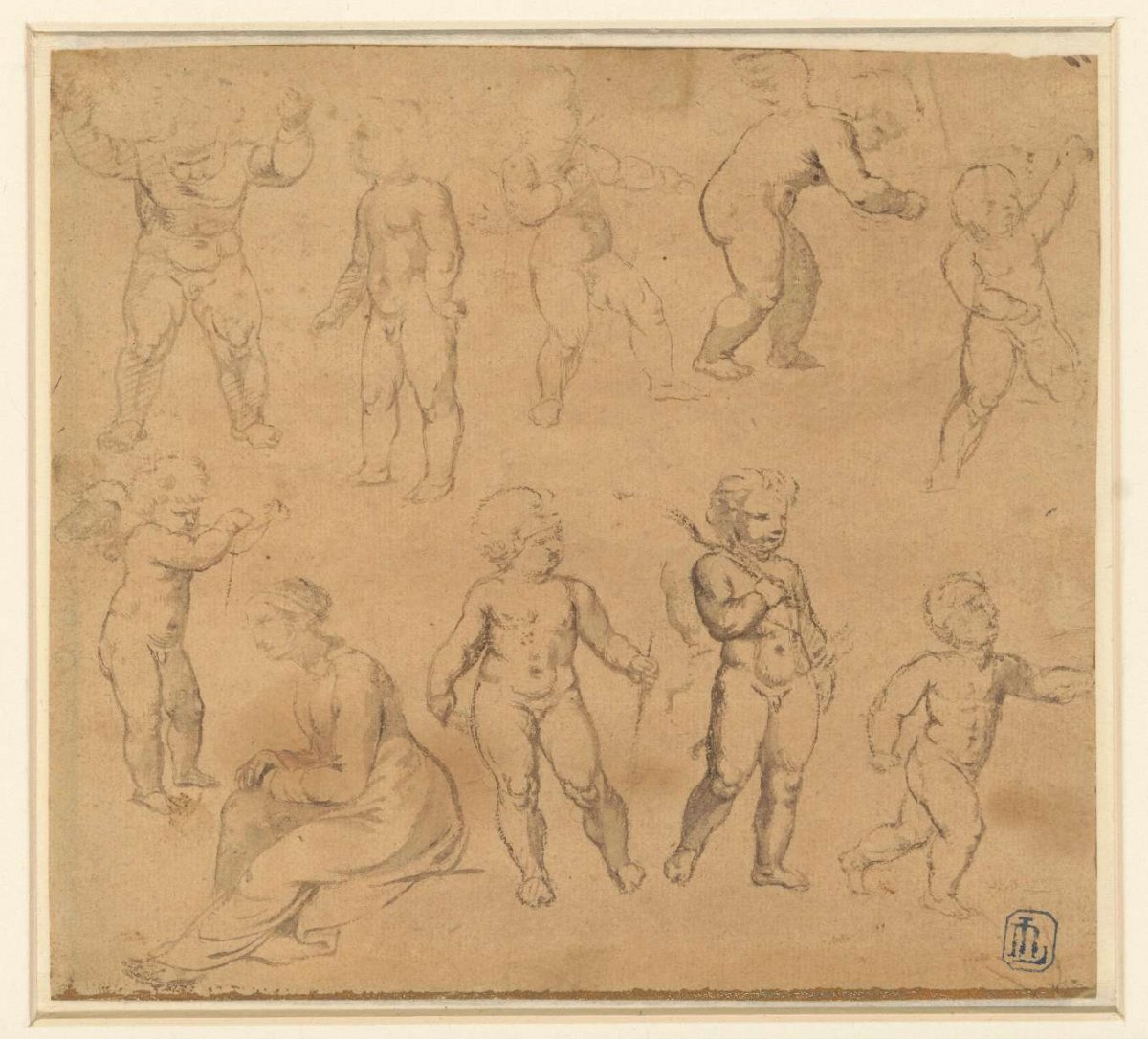 Nine studies of putti and a woman seated to the left, anonymous, 1600 - 1699