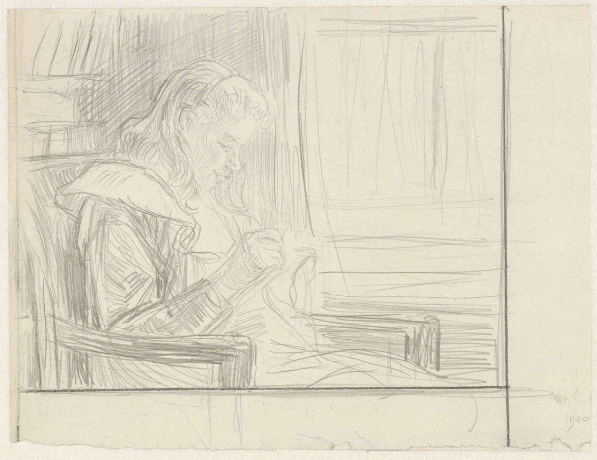 Handcrafting girl in chair by window, Jan Veth, 1900